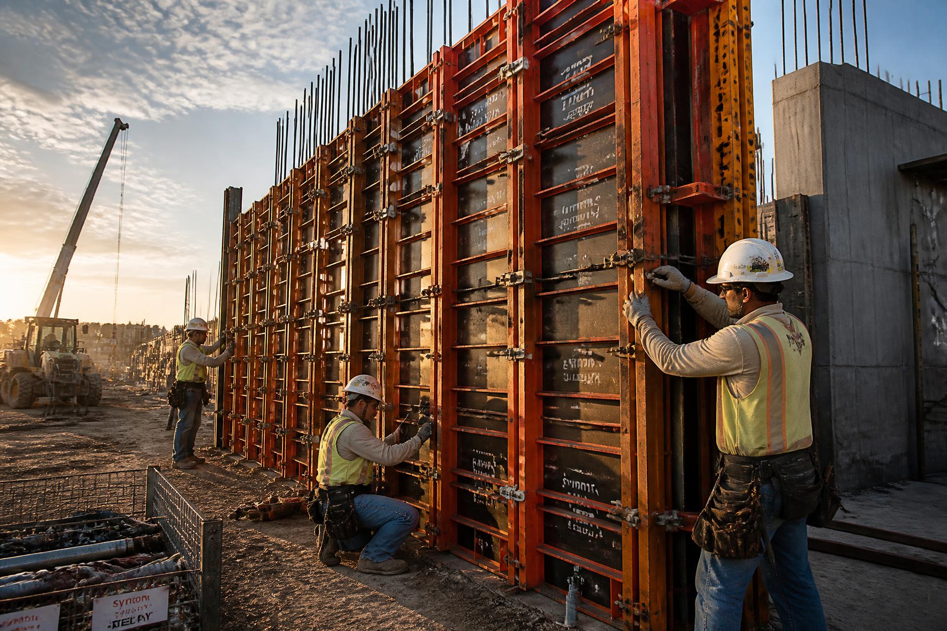 Concrete formwork at a Texas construction site at sunset